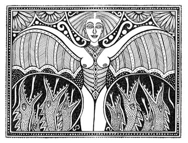 Bird Woman with snap dragons by Liz Parkinson