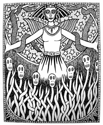 Horned Woman with scary flowers & snakes by Liz Parkinson