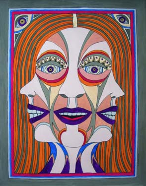 Triple Headed Woman with purple lips by Liz Parkinson