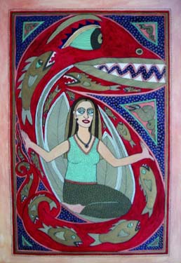 Woman inside the red snake with fishes by Liz Parkinson