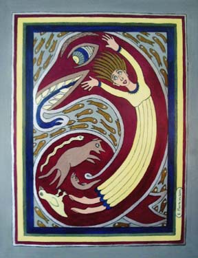 Woman and maroan snake by Liz Parkinson