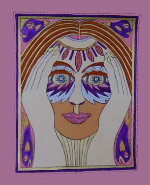 Woman and purple fishes by Liz Parkinson
