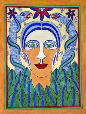 Woman with birds snakes & caterpillars by Liz Parkinson