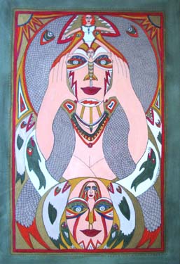 Woman with fish, snakes & other people by Liz Parkinson