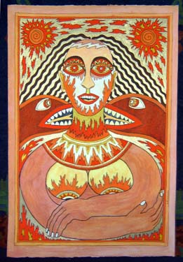 Woman with ezcema & red snakes by Liz Parkinson
