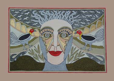 Snake woman with turkeys by Liz Parkinson