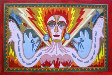 Woman with fierce possums by Liz Parkinson
